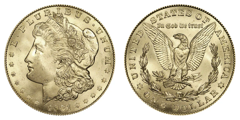 1921 Morgan silver dollar obverse and reverse showing Liberty portrait and heraldic eagle