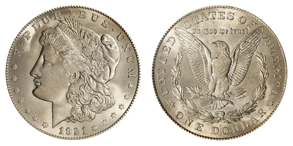 Side-by-side comparison of 1921-P Morgan dollar versus 1921-D Morgan dollar showing mint mark differences on reverse