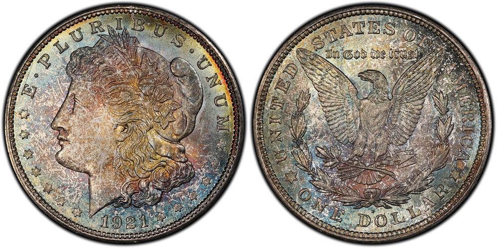 Close-up of 1921-D Morgan dollar reverse showing the distinctive D mint mark above DOLLAR