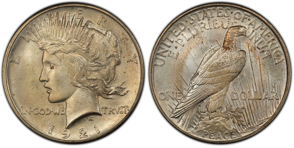 1921 Peace dollar obverse showing high-relief Liberty with radiate crown, contrasted against the Morgan dollar design