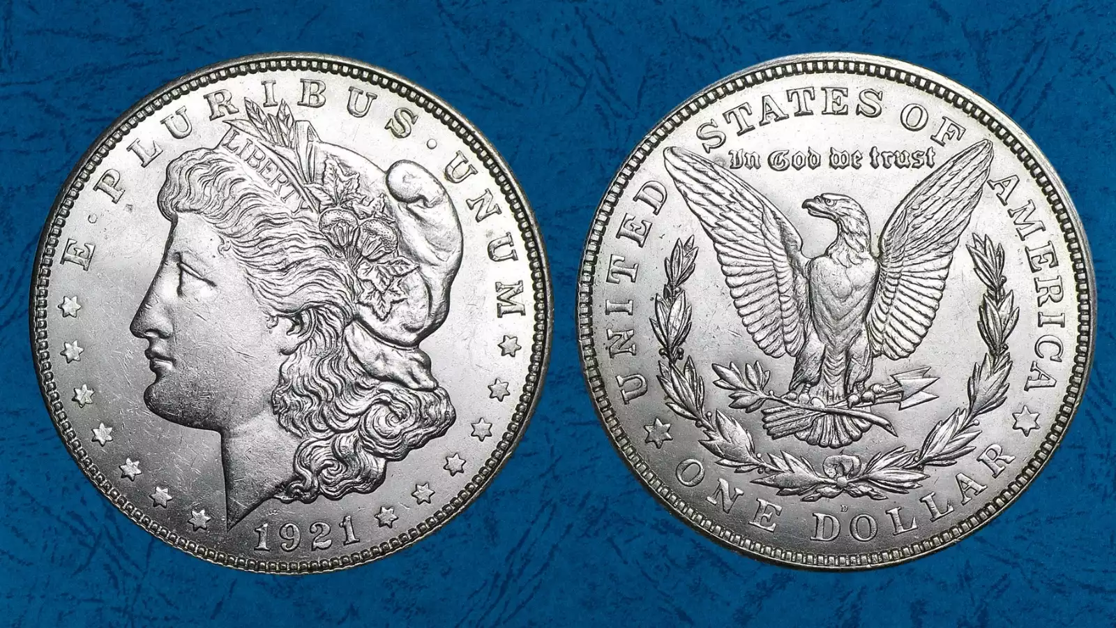 Grading strip showing four 1921 Morgan silver dollars in a row from heavily worn G-4 through gem uncirculated MS-65 condition